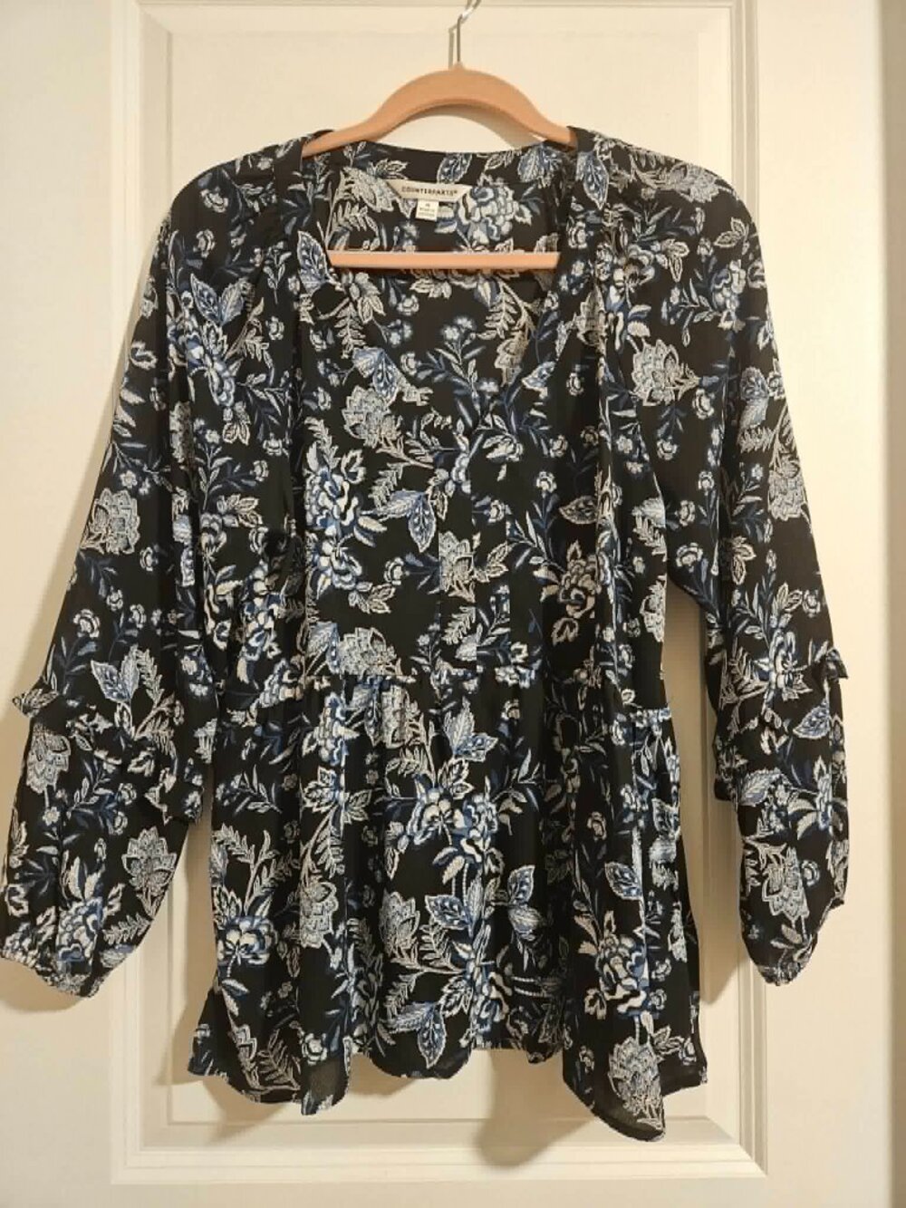 Counterparts Black Blue Floral Peplum Blouse Women’s Medium Flowy Boho Top
